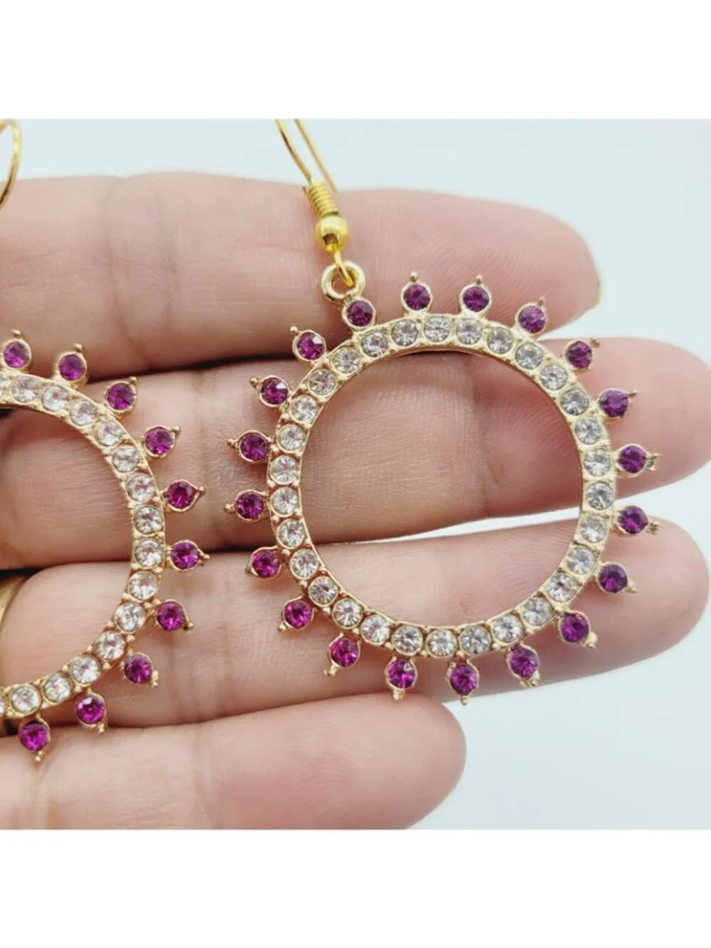 Dark Pink & Clear Rhinestone Circular Drop Dangle Earrings Gold Tone
